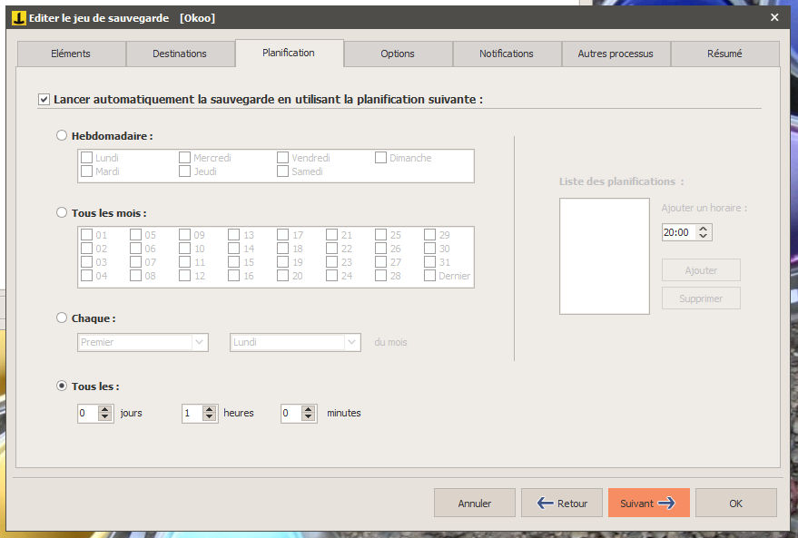 Choix de la périodicité de la sauvegarde