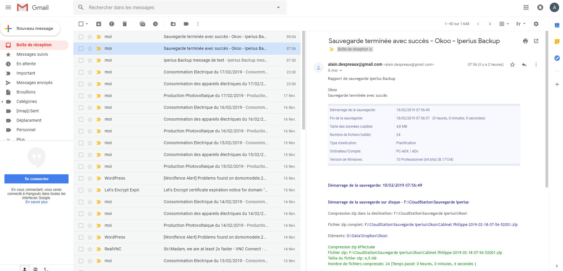 Exemple de mail de compte-rendu de la sauvegarde