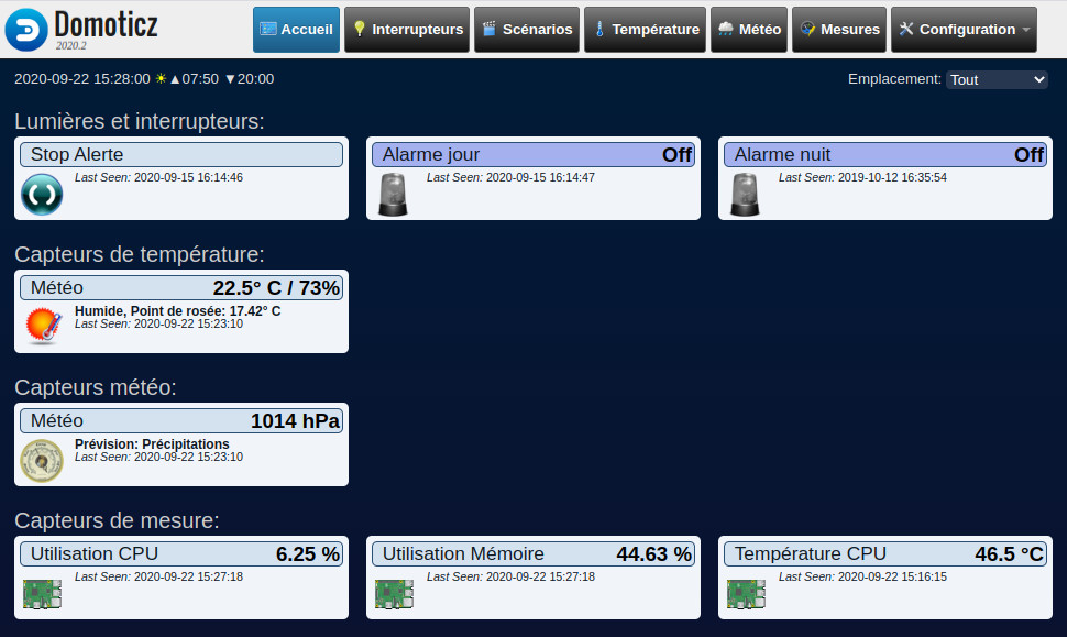 Page d'accueil sur le Pi de référence utilisé pour la création des images