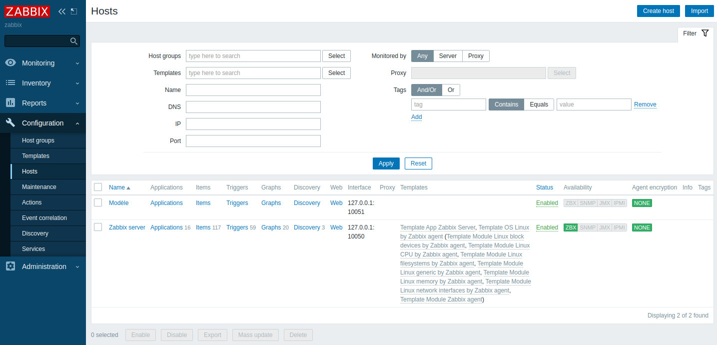 Les hosts définis sur le serveur Zabbix dans l'image H