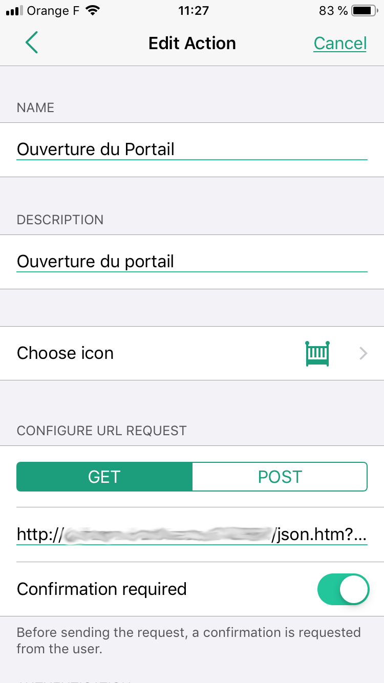 Paramétrage d'une action avec la requête http à envoyer à Domoticz
