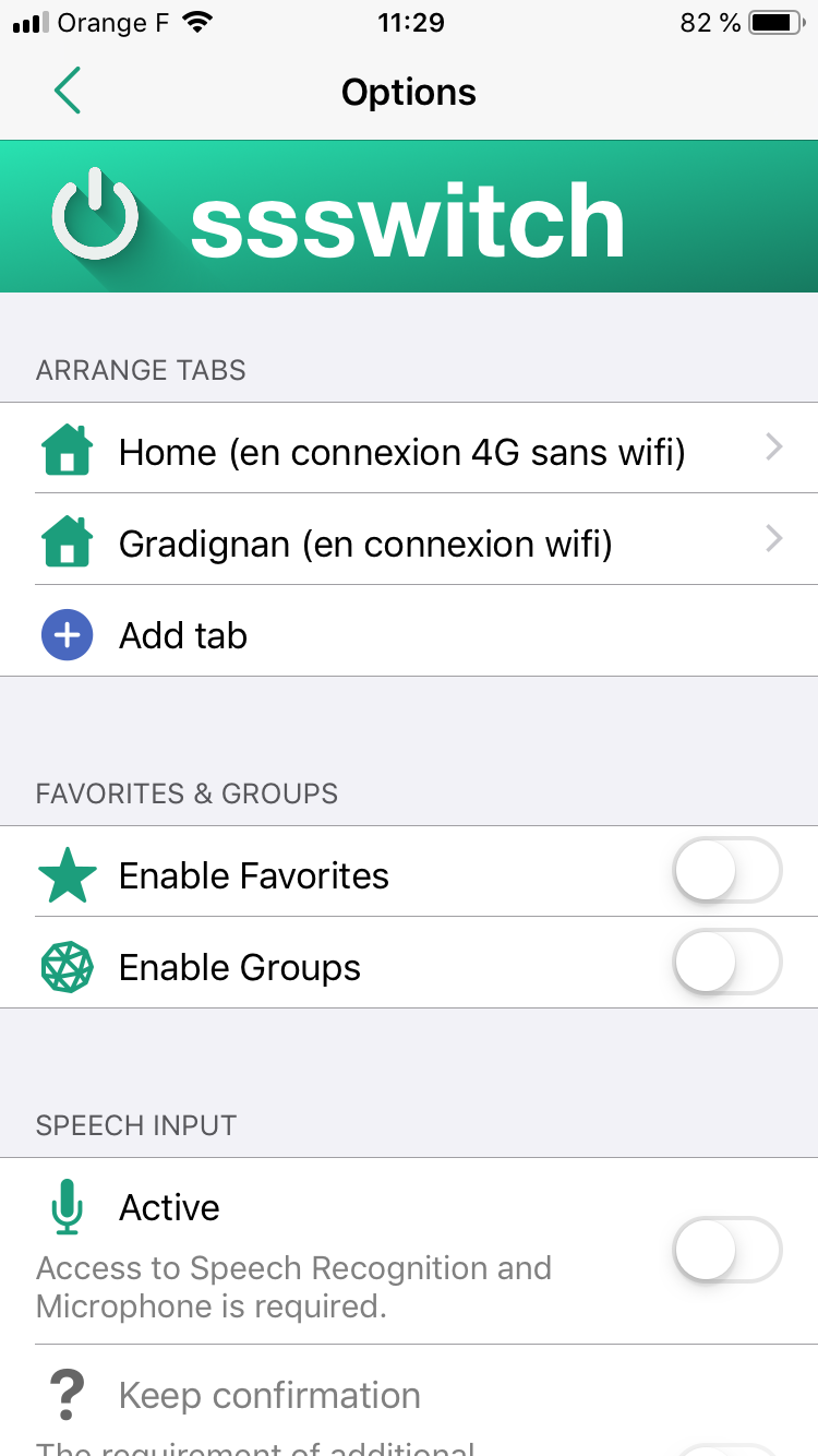 Menu Options avec 2 onglets, un pour les actions à distance et un pour les actions locales