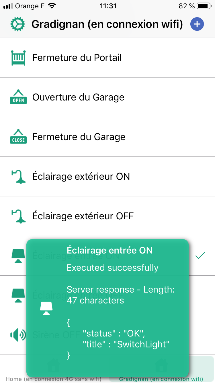 Message indiquant que l'action demandée est validée par Domoticz