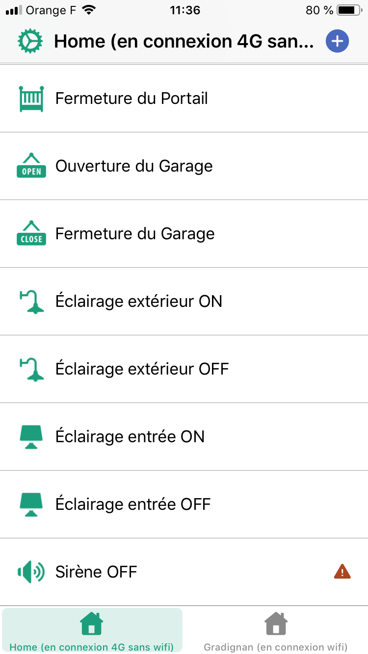 En cas de non acheminement (ou de refus par le serveur) de la commande un symbole est affiché à droite de l'action demandée