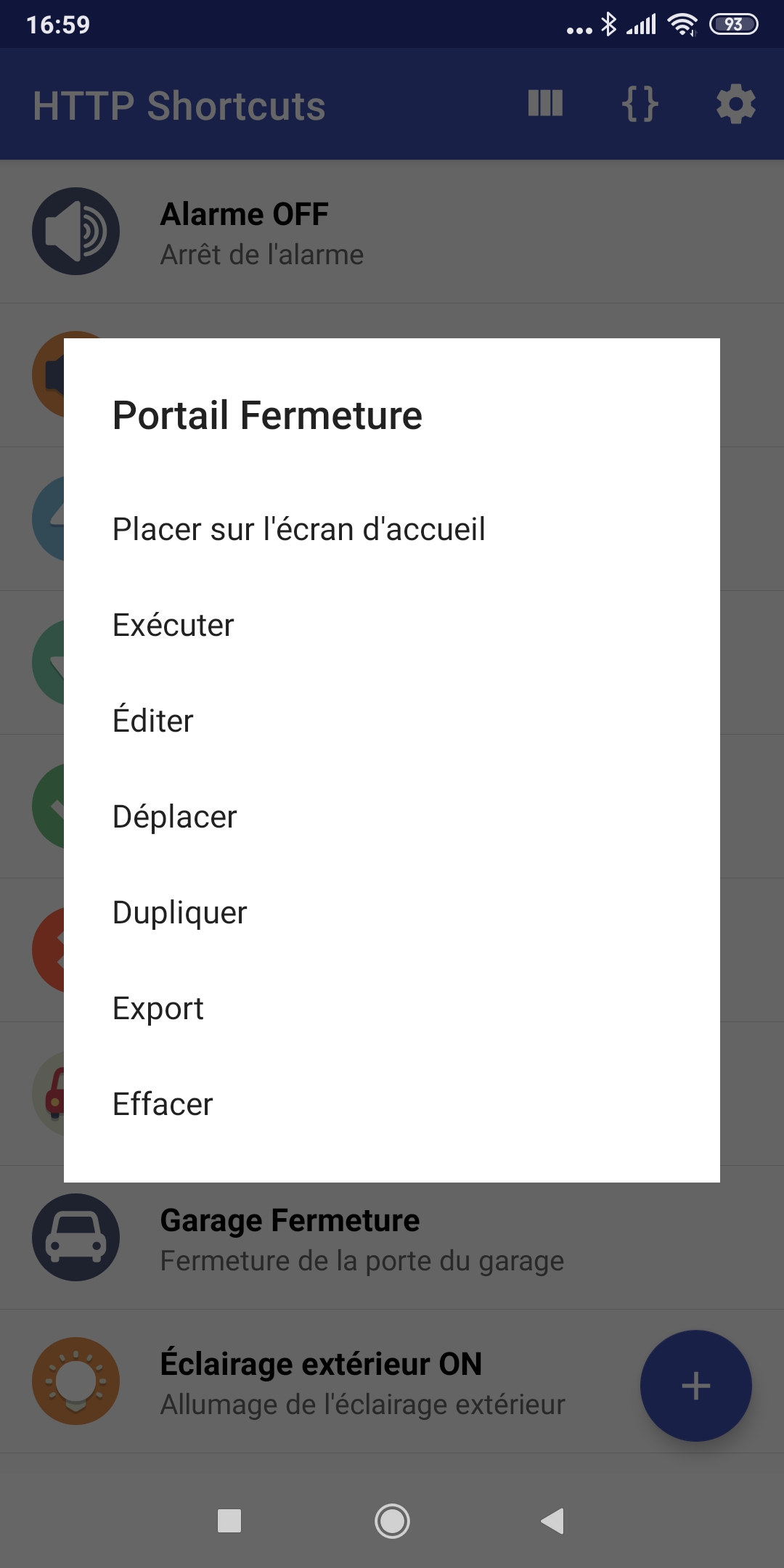 Options possibles suite à un appui long sur un raccourci, avec possibilité d'exportation