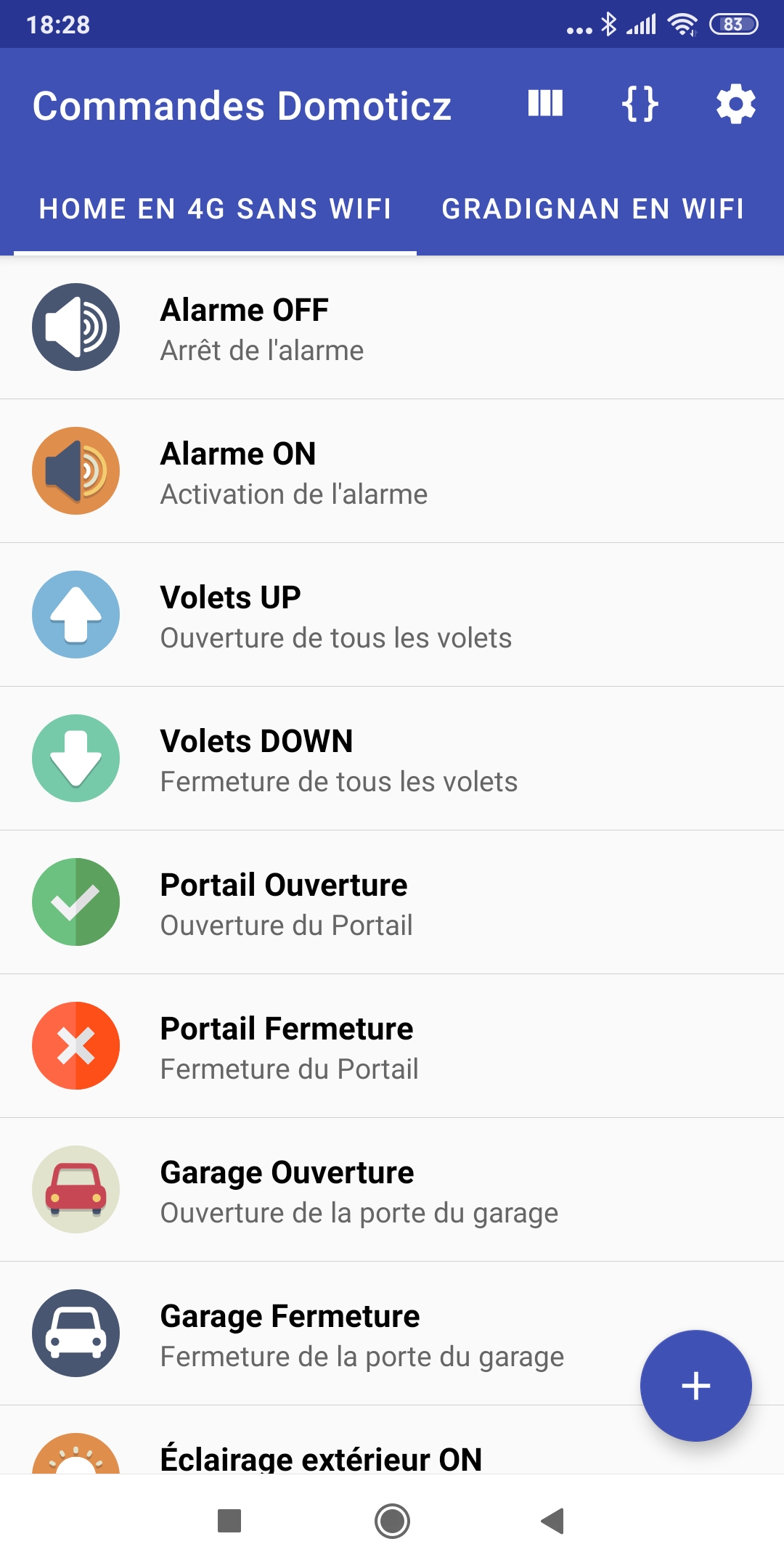 Onglet pour les commandes à distance avec des icônes différentes pour mieux se repérer