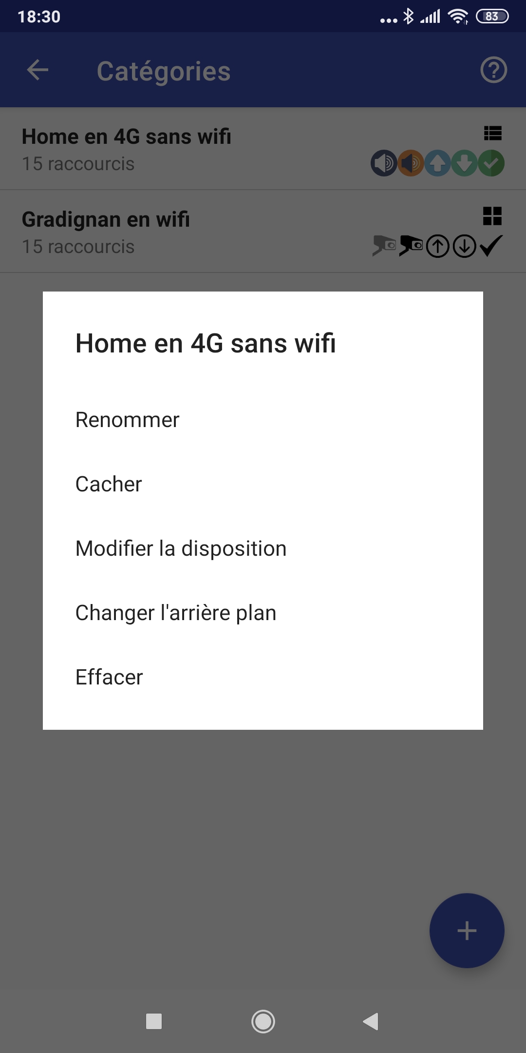 Actions possibles sur une catégorie suite à un appui long sur la zone. Une catégorie correspond à un onglet dans l'application.