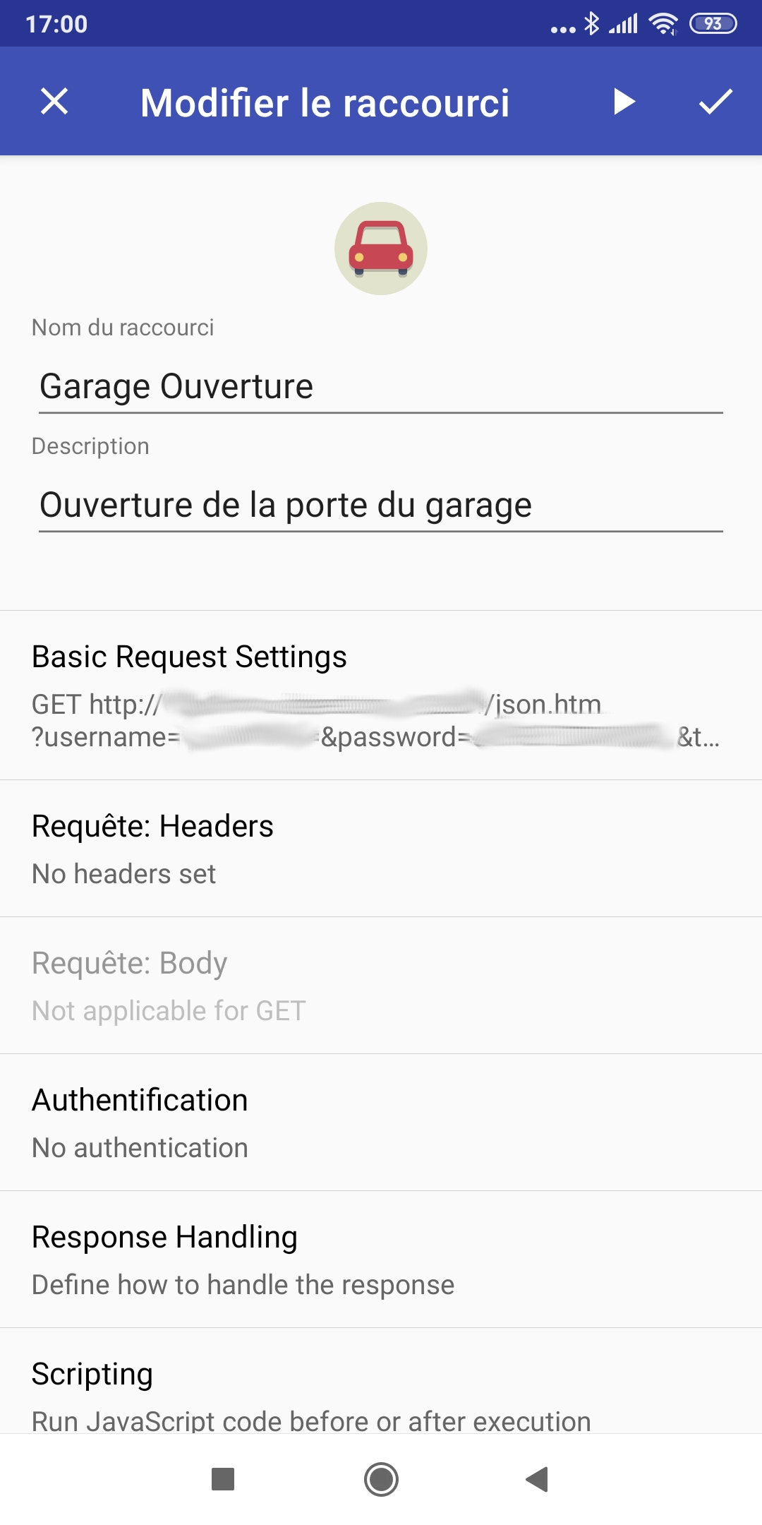 Paramétrage d'un raccourci (le raccourci est le nom donné à une commande dans l'application)