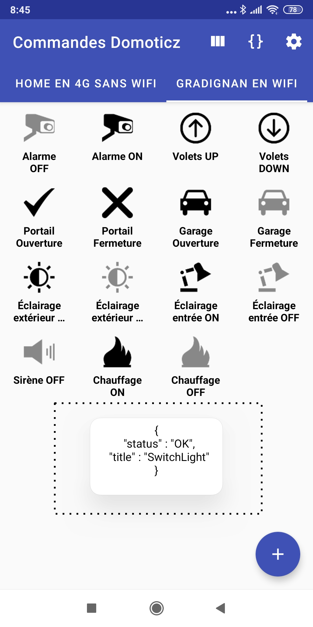 Message qui confirme la bonne exécution de la commande par Domoticz
