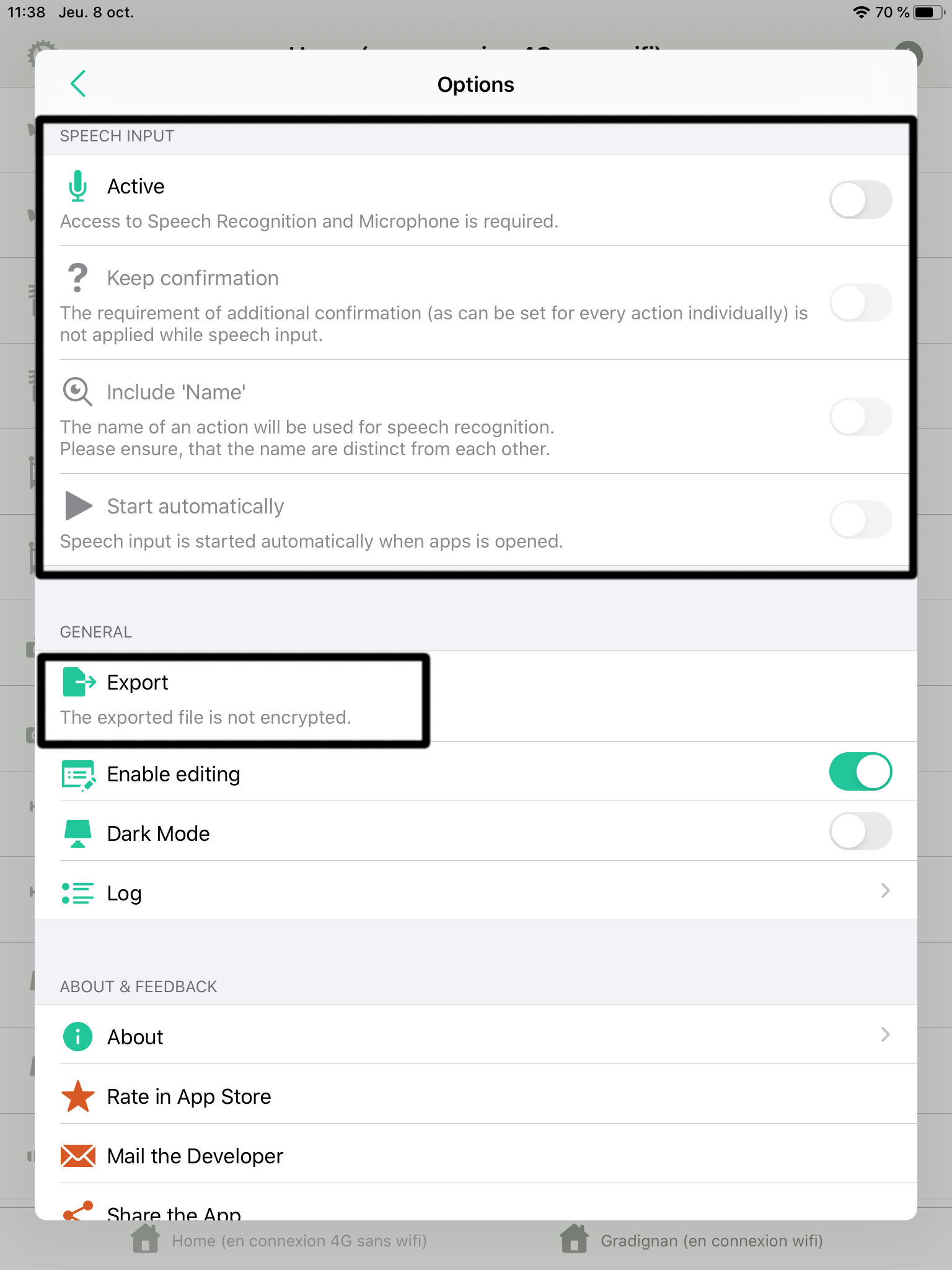 Ecran d'Options sur iPad avec le choix d'activer Siri et la possibilité d'Export complet de la configuration