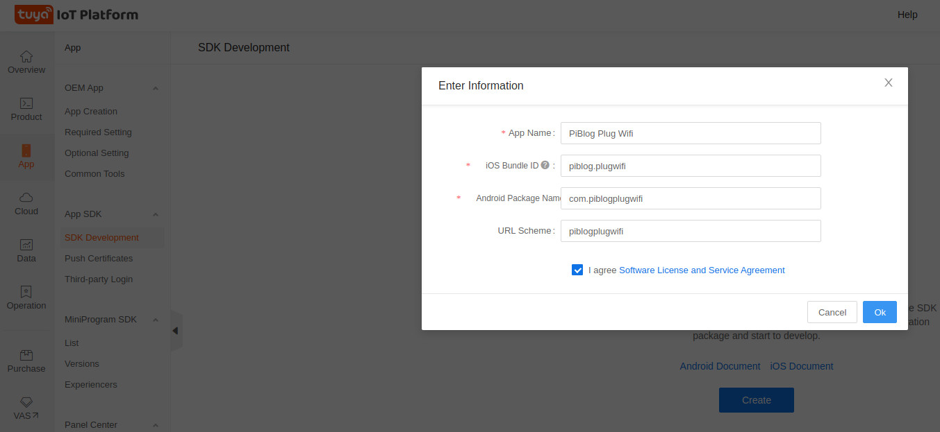 Choisir App puis SDK Development et créer une application (commencer par com. pour android)