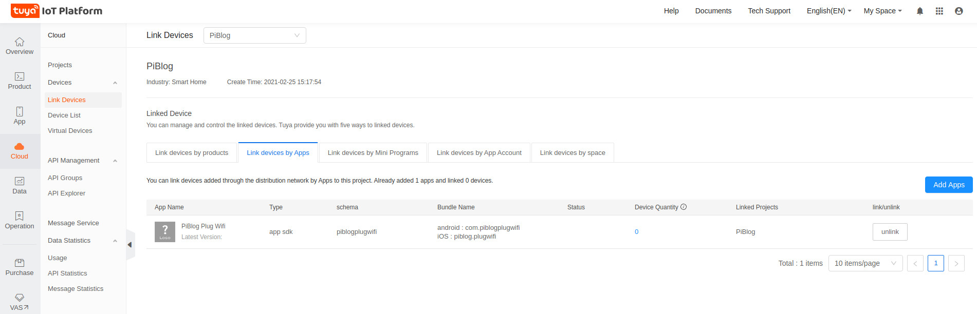 Choisir Cloud puis Link Devices et l'onglet Link devices by Apps et Add Apps