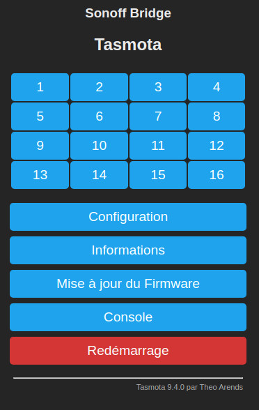 Menu principal du firmware Tasmota : Configuration et Console sont les 2 choix principaux dans notre cas