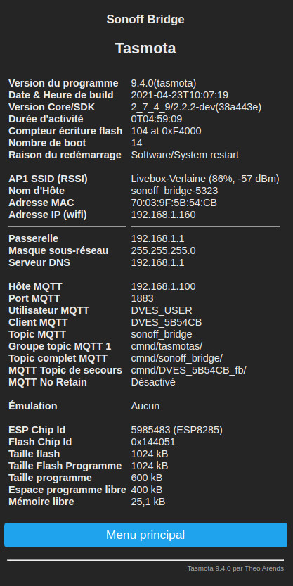 Dans le menu information, on retrouve des informations sur votre module Sonoff