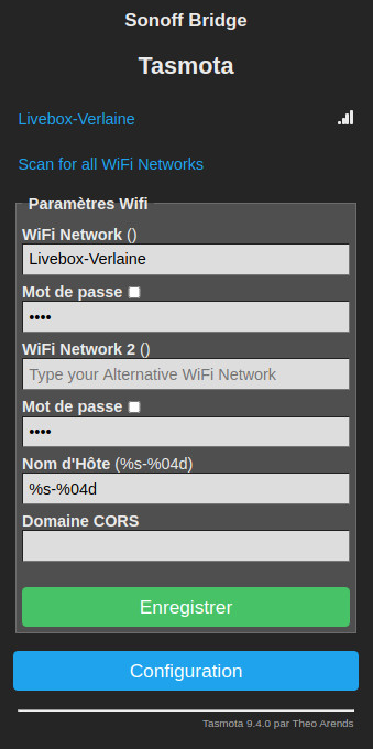 Dans configuration wifi on va retrouver les informations saisies dans Tasmotizer lors du flash initial