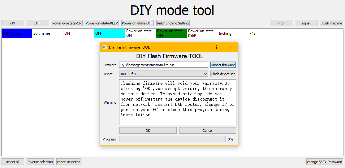 Préparation du flashage en sélectionnant le firmware Tasmota à flasher et la cible (le Sonoff). On clique sur "Brush machine", puis sur "Import firmware" pour choisir le firmware à flasher, ensuite sur "Flash device list" pour indiquer le deviceid de la cible et enfin sur OK.