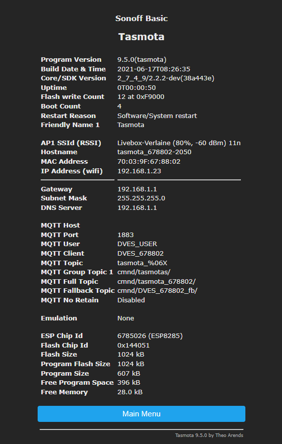 La configuration du Sonoff mini R2 sous Tasmota