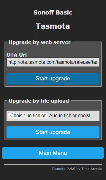 Lancement de la mise à jour du firmware en appuyant sur "Start upgrade" en mode OTA url.