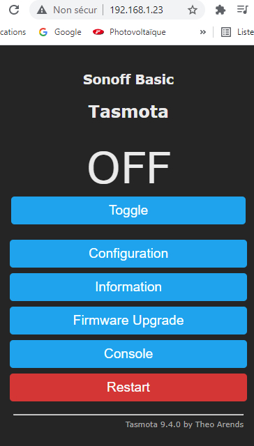 Sonoff/Tasmota connecté sur le wifi domestique (enfin !)
Il reste encore à définir une IP fixe pour ce dispositif afin de pouvoir le piloter.