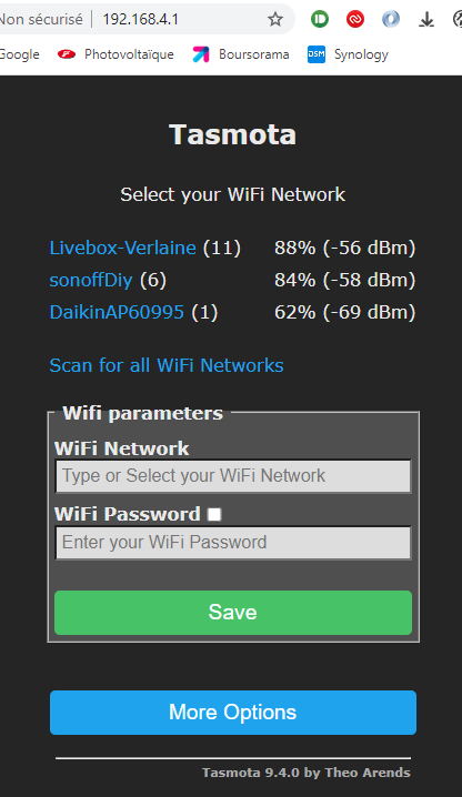 Paramétrage du wifi de la maison : on se connecte sur l'adresse 192.168.4.1 du réseau wifi tasmota_xxxx et on rentre son SSID et son mot de passe