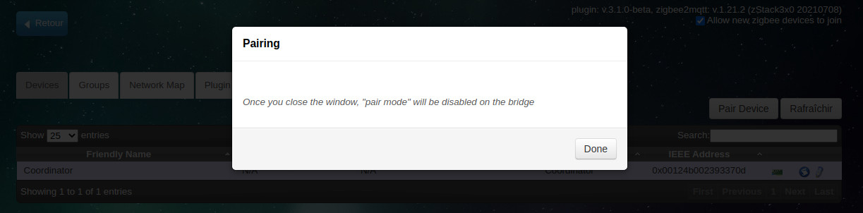 Appairage d'un nouvel équipement avec le coordinateur (dongle usb)