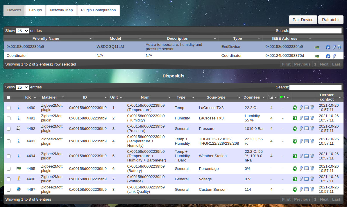 Liste des dispositifs Domoticz créés pour la sonde Aqara par le plugin