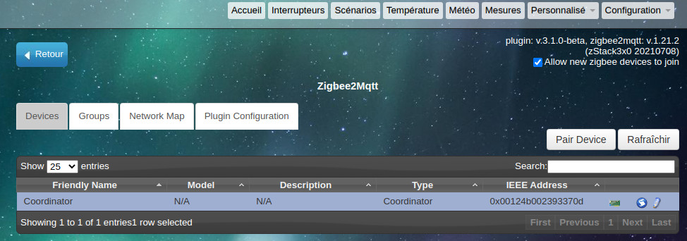 Page du plugin dans l'onglet "Personnalisé"