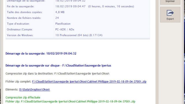 Journal d'exécution de la sauvegarde (correspond à l'envoi par mail)